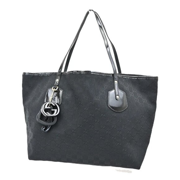 GUCCI Logo GG Pattern Shoulder Tote Bag Charm Canvas Patent Leather BK - Picture 1 of 16